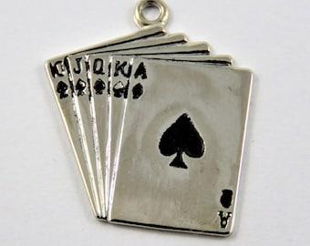 Royal Flush of Spades Sterling Silver Charm of Pendant. Please Note: Some of the Enamel is Worn.