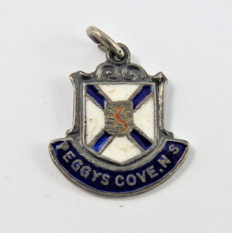 Enameled Peggy/'s Cove Nova Scotia Canada Travel Shield Sterling Silver Charm of Pendant.