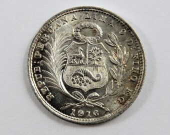 Lustrous Peru 1916 F G Silver 1/5 Sol Coin.