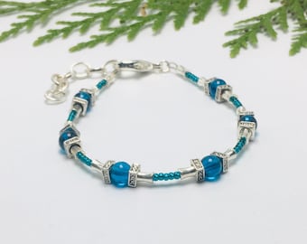 EXTRA LARGE Aqua Blue Glass and Silver Bracelet