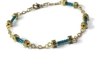 Dainty Turquoise Seed Bead and Gold bracelet