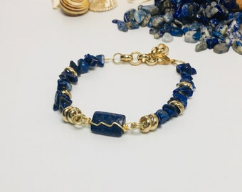 Blue Lapis Lazuli Gemstone and Golden Wire Wrap Bracelet