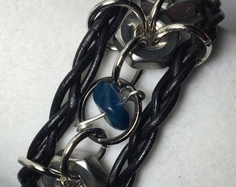 Blue Opal Gemstone Stainless Steel Hex Nut Woven Leather Bracelet