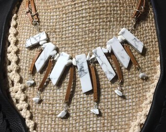 White Magnesite Gemstone Spike and Leather Statement Necklace