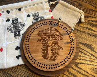 Mushroom Florals Laser Engraved Mini Circle Cribbage Board with Drawstring Bag | card games, crib board, game night, travel games