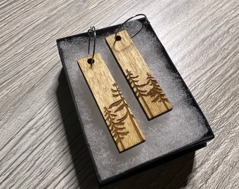 Tall Pines Laser Engraved Rectangle Wooden Earrings | wearable art, jewelry art, lightweight earrings