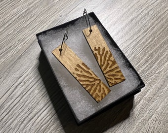 Brain Coral Laser Engraved Rectangle Wooden Earrings | wearable art, jewelry art, lightweight earrings