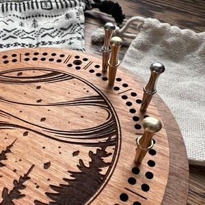 Northern Lights Laser Engraved Mini Circle Cribbage Board with Drawstring Bag card games, crib board, game night, travel games image 3