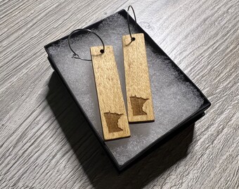 Minnesota Silhouette Laser Engraved Rectangle Wooden Earrings | wearable art, jewelry art, lightweight earrings