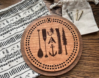 Wilderness Collage Laser Engraved Circle Cribbage Board with Drawstring Bag | card games, crib board, game night, travel games