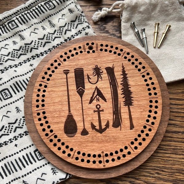 Wilderness Collage Laser Engraved Circle Cribbage Board with Drawstring Bag | card games, crib board, game night, travel games