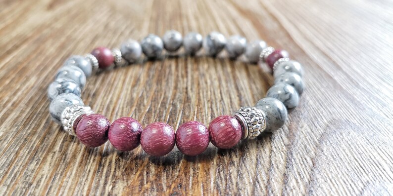 Gemstones bracelet Grey picture jasper bracelet Energy jewelry Men Grey bracelet yoga bracelet Men Sandalwood bracelet Mala bracelet