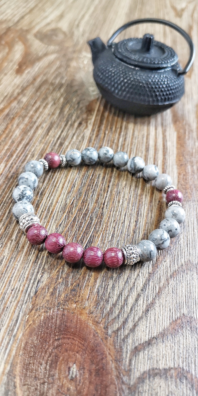 Gemstones bracelet Grey picture jasper bracelet Energy jewelry Men Grey bracelet yoga bracelet Men Sandalwood bracelet Mala bracelet