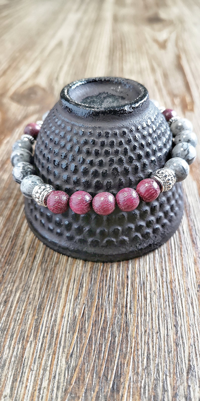 Gemstones bracelet Grey picture jasper bracelet Energy jewelry Men Grey bracelet yoga bracelet Men Sandalwood bracelet Mala bracelet
