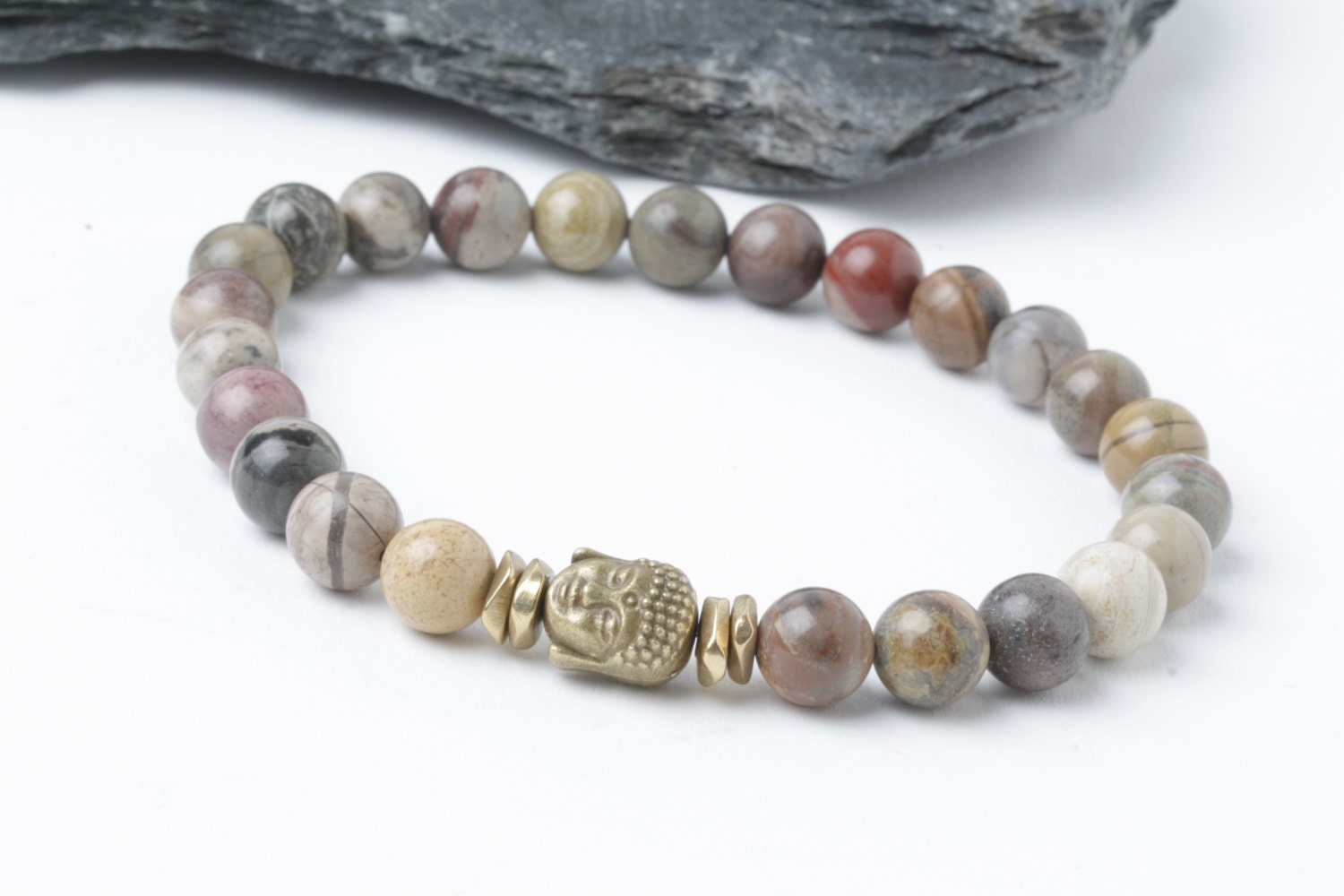 Bracelets Handmade Natural Silver Leaf Jasper Gemstone Stretch Bracelet Velvet Pouch Jewellery Watches