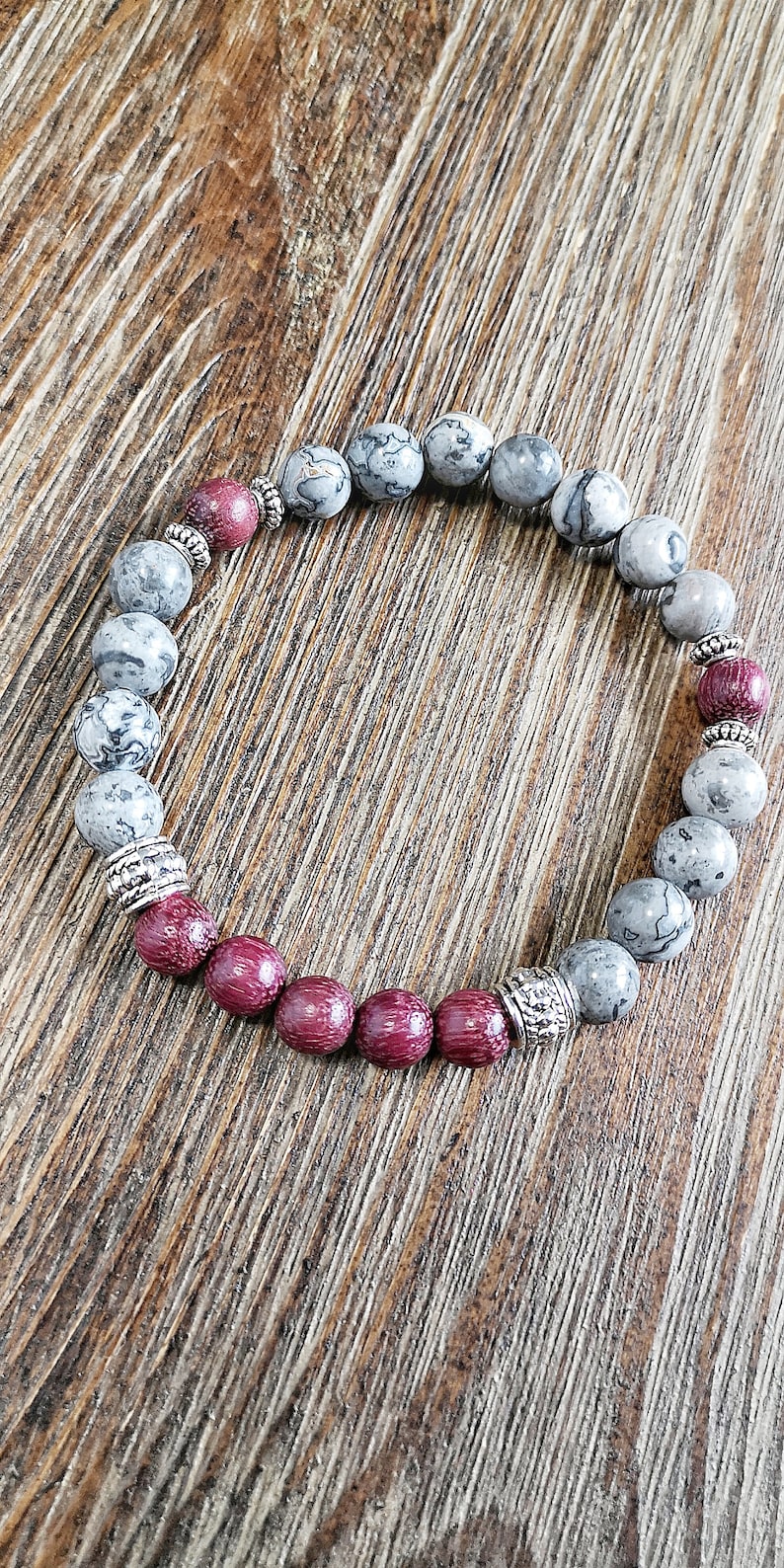 Gemstones bracelet Grey picture jasper bracelet Energy jewelry Men Grey bracelet yoga bracelet Men Sandalwood bracelet Mala bracelet