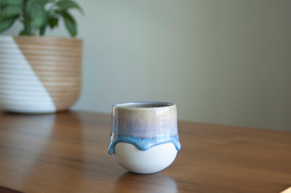 Drippy Glaze Porcelain Tumbler or planter, modern cup, unglazed ceramics, mid century, drippy glaze, blue glaze tumbler