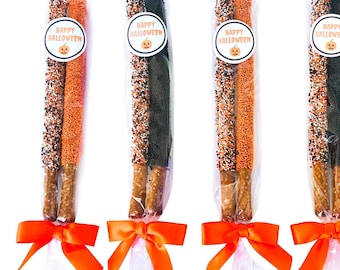 Tri-Color Halloween Chocolate Covered Pretzel Rod With Orange, Black, and White Sprinkles - 1 Dozen / Trick or Treat / Thanksgiving