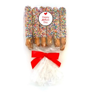Mother&#39;s Day Mini Chocolate Pretzel Rods with Rainbow Sprinkles - 1 Dozen /  Chocolate Covered Pretzels / Gift For Mom / Gift For Grandma