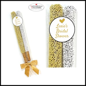 Wedding Favors Chocolate Pretzel Rods – Brides Name on Bridal Shower Labels / Bridesmaids / Bridal Shower Gifts / Engagement / Bridal Party
