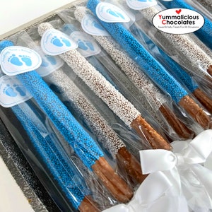Baby Shower Chocolate Pretzel Rods - Boy Blue & White / Sprinkle / Gender Reveal / Baby Shower Favors / Baptism / Baby Naming / Bris 1 Dozen