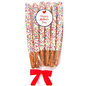 Mother&#39;s Day White Chocolate Pretzel Rods with Rainbow Sprinkles - 1 Dozen / Chocolate Covered Pretzels / Gift For Mom / Gift For Grandma