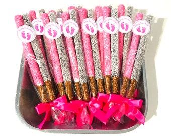 Girl Baby Shower Chocolate Pretzel Rods - BRIGHT Pink & White / Sprinkle / Gender Reveal / Baby Shower Favors / Baptism  Baby Naming 1 Dozen