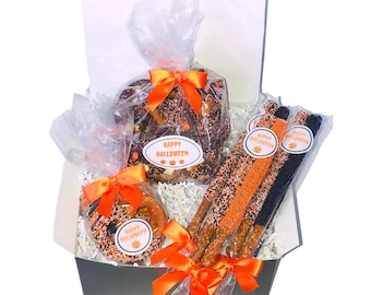 Halloween Chocolate Pretzel Gift Box with Chocolate Bark, Chocolate Covered Pretzel Rods, and More / Trick or Treat / Thanksgiving