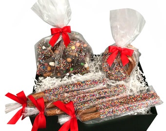 The Anytime Year Round Chocolate Covered Pretzel Gift Box w/ Chocolate Bark, Pretzel Rods, & Jumbo Chocolate Covered Pretzels