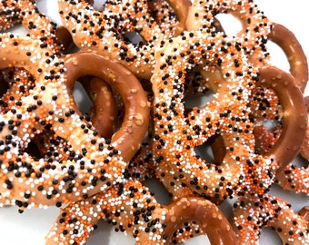 Halloween Pumpkin Spice Jumbo Pretzels Topped with Orange, Black, & White Sprinkles , Halloween Party Favors, Trick or Treat , Thanksgiving