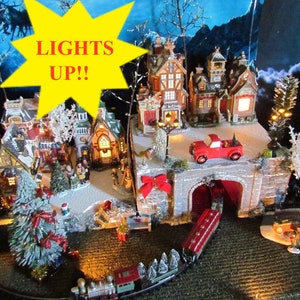 LIGHTED 28x12,  2 piece Train Tunnel Christmas display LIT PLATFORM Base, Miniature village, for Lemax & for Dept 56 Snow village stand Qp