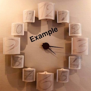 Può includere: Un orologio da parete unico con un design circolare. Il quadrante è composto da dodici pezzi rettangolari, ognuno dei quali mostra un numero. Le lancette dell'orologio sono nere. La parola "Example" è stampata sul quadrante.