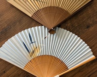 Set of 2 Japanese Folding Fan Sensu Vtg Lacquered Bamboo Frame Washi Formal