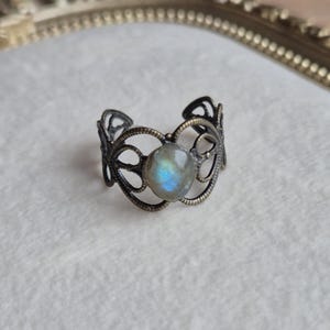 Peut inclure: Bague de style antique avec un motif ajouré et une pierre précieuse centrale irisée. La bague a une finition en métal sombre et vieilli. La pierre précieuse affiche des couleurs bleues et vertes. La bague est posée sur un fond doux et neutre.
