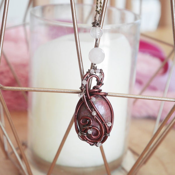 Les premiers amants | Pendentif en rhodocrosite et quartz rose