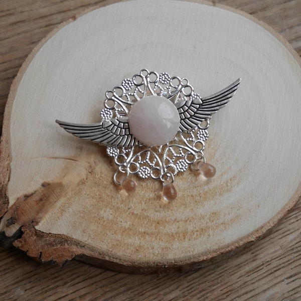 Broche Art Déco En Argent Massif Avec Quartz Rose - Bijou Vintage Occasion, élégant