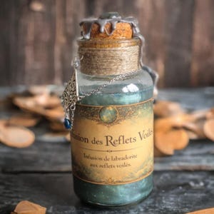 Könnte beinhalten: Eine Vintage-Glasflasche mit Korken, verziert mit Bindfaden und einem silbernen Anhänger. Die Flasche enthält eine blau-grüne, schillernde Flüssigkeit mit dem Etikett "Infusion des Reflets Voilés".