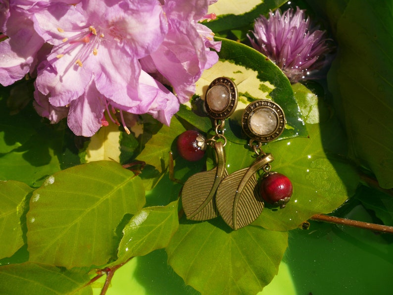 Delicious berries Brass rose quartz and wooden beads earrings