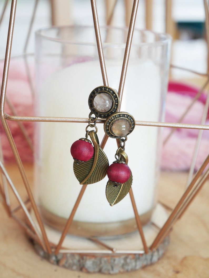 Delicious berries Brass rose quartz and wooden beads earrings