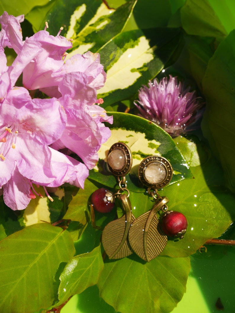 Delicious berries Brass rose quartz and wooden beads earrings