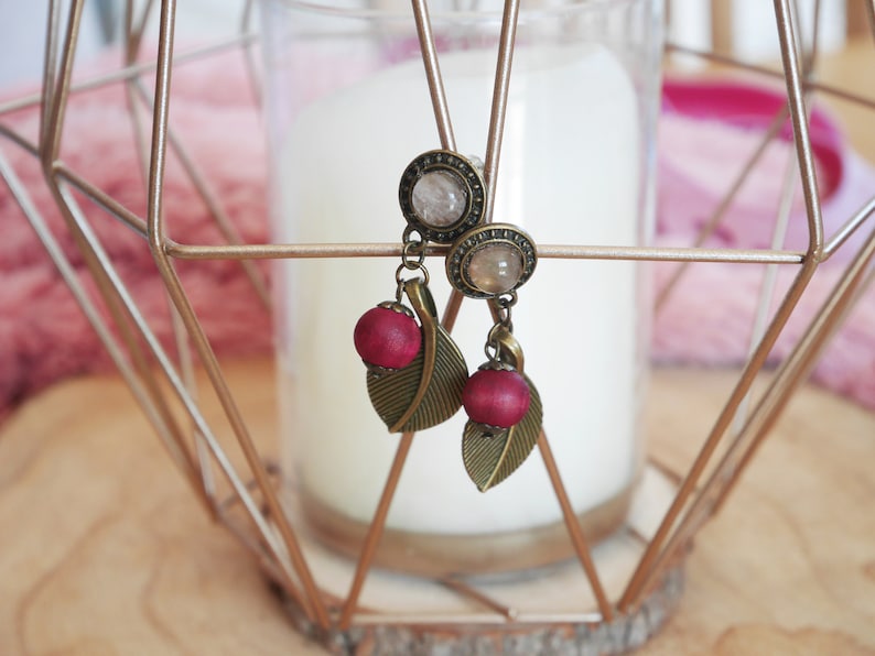 Delicious berries Brass rose quartz and wooden beads earrings