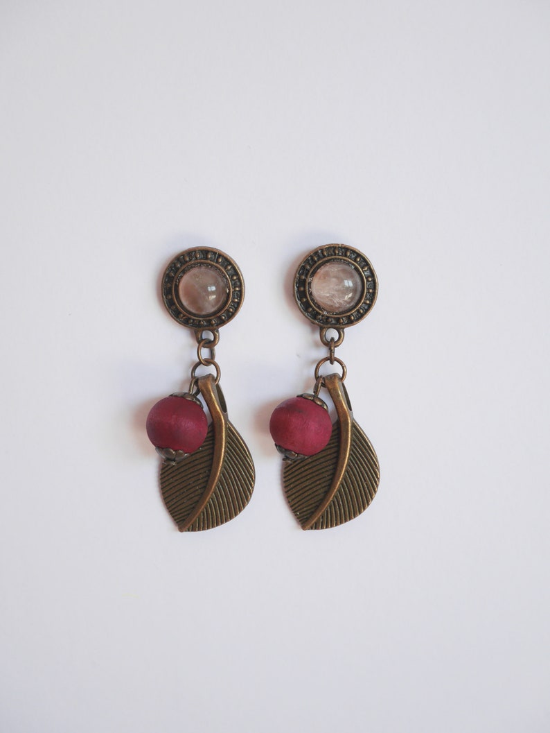 Delicious berries Brass rose quartz and wooden beads earrings