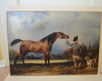 Antikes Gemälde Pferde Portrait mit Vollblut Araber Hengst und Hund 19.Jahrhundert
