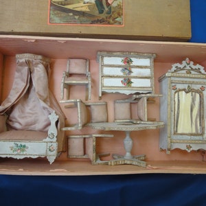 French antique doll furniture Louis Badeuille Paris dated about 1880 canopy bed chairs cupboard Table original box