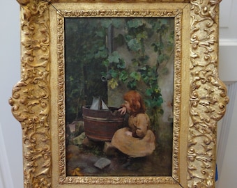 Dipinto antico ritratto di ragazza impressionista con monogramma intorno al 1889