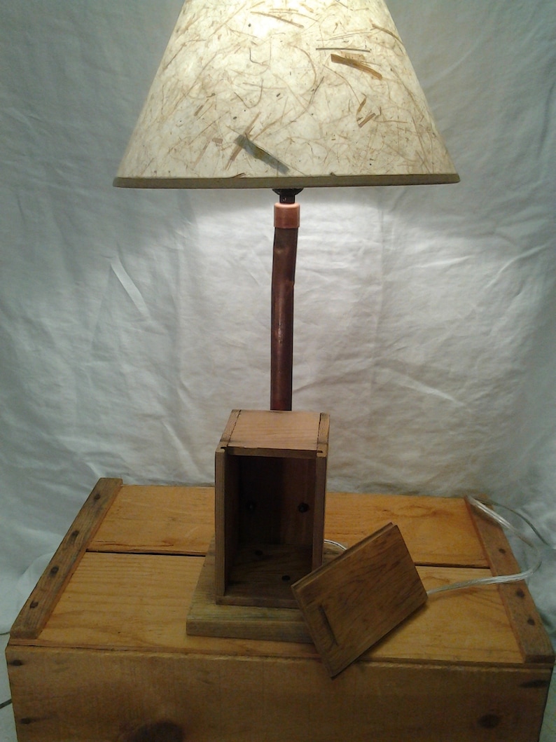 copper pipe shaft and vintage wooden box up-cycled lamp w hidden storage barn board base Little Slider Lamp repurposed vintage junk-