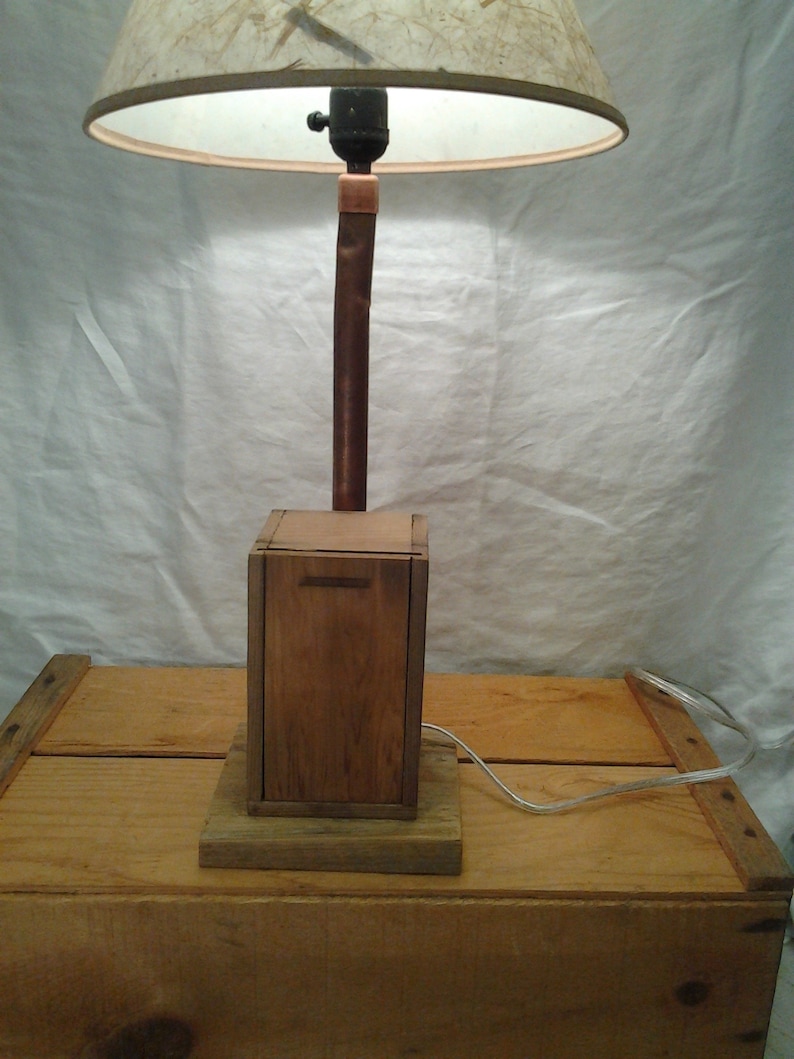 copper pipe shaft and vintage wooden box up-cycled lamp w hidden storage barn board base Little Slider Lamp repurposed vintage junk-