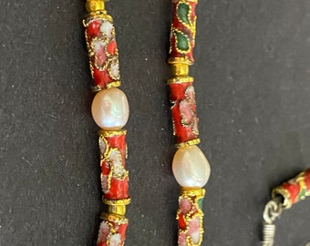 Vintage Chinese Cloisonne and Pearls Necklace and Earrings