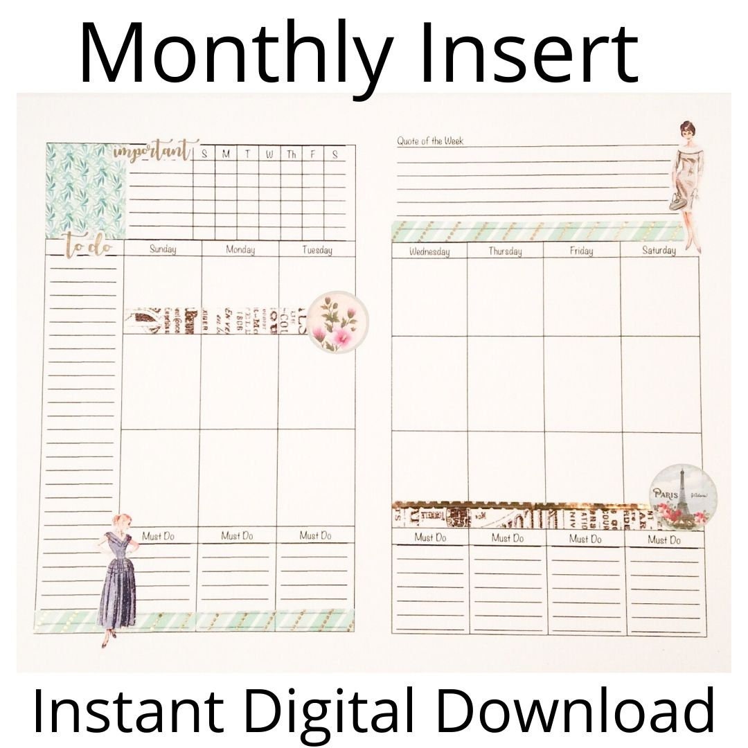 Instant Download Monthly Planner Insert for Travelers | Etsy