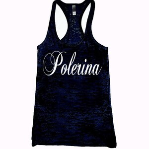 May include: A navy blue tank top with a white, cursive font that reads "Polerina".